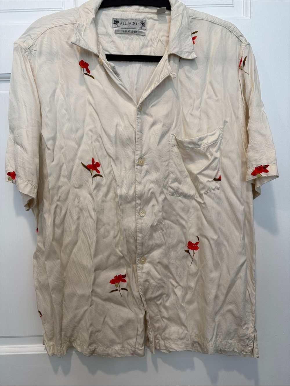 All Saints Cream Short-Sleeve Button-Up Shirt with Red Floral Print